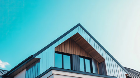 Sleek roof design of a modern house with a clear sky aboveの素材