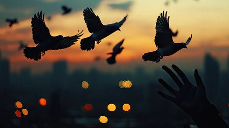 Silhouette of pigeons soaring from a rooftop, with a hand and city lights creating a dramatic dusk sceneの素材
