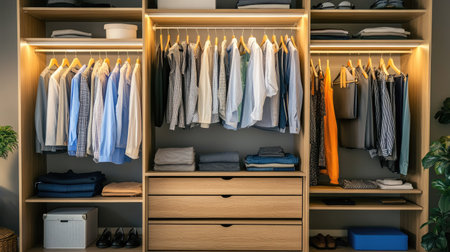 Stylish wardrobe with open doors and neatly organized shelvesの素材
