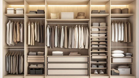 Stylish wardrobe with open doors and neatly organized shelvesの素材