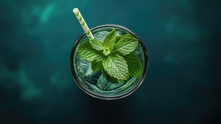 Top-down view of a glass of water adorned with mint leaves and a straw, capturing a crisp, refreshing beverageの素材