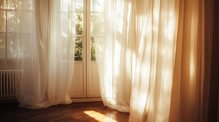 Sunlight streaming through white sheer curtains in a cozy roomの素材