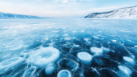 Baikal Lake ice surface with methane bubbles and cracks, creating moon-like patterns. Winter abstract, high quality, selective focusの素材