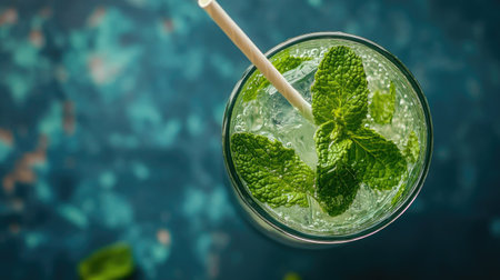 Top-down view of a glass of water adorned with mint leaves and a straw, capturing a crisp, refreshing beverageの素材