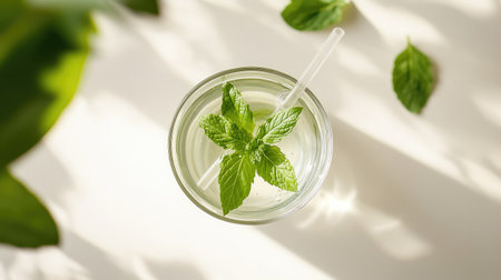 Top-down view of a refreshing glass of water with fresh mint leaves and a straw, on a clean white surfaceの素材