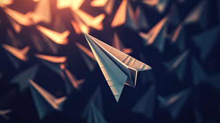Unique paper plane rising into the sunlight, with other planes falling into shadows, creating a striking visual contrastの素材