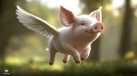 Adorable flying pig with wings, depicted in 3D, bringing the imaginative "when pigs fly" concept to life.の素材