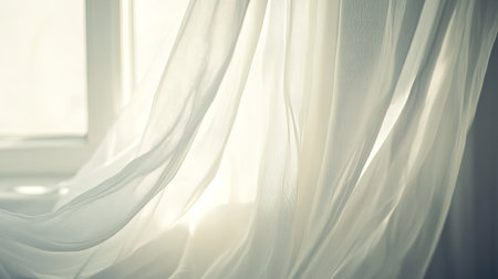 White curtains blowing softly in the breeze from an open window, captured up close for a fresh, airy feelの素材
