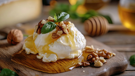 Burrata cheese with honey and nuts on a wooden board, emphasizing the sweet and savory combination of traditional Italian cuisine.の素材