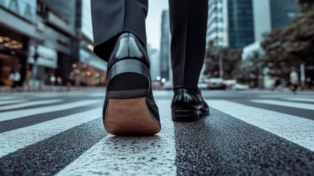 Well-dressed feet in business attire on a zebra crossing, with high-rise buildings visible in the backgroundの素材