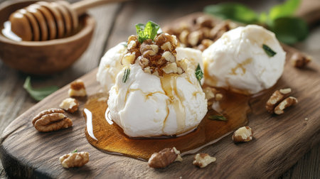 Burrata cheese with honey and nuts on a wooden board, emphasizing the sweet and savory combination of traditional Italian cuisine.の素材