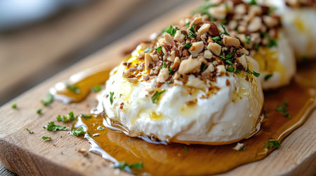 Delicious burrata cheese topped with honey and nuts on a wooden board, showcasing a sweet Italian culinary delight.の素材