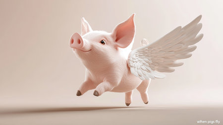 Adorable flying pig with wings, depicted in 3D, bringing the imaginative "when pigs fly" concept to life.の素材