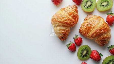 Breakfast scene: croissants, strawberries, and kiwi on a white backdrop. High angle, clean, high quality, copy spaceの素材