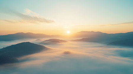 Beautiful sunrise landscape with mountains and fog. High quality, aerial view, ample copy spaceの素材