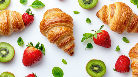 Breakfast scene: croissants, strawberries, and kiwi on a white backdrop. High angle, clean, high quality, copy spaceの素材
