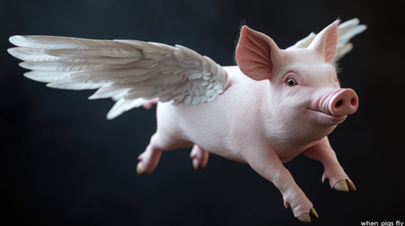 3D rendered flying pig with wings, embodying the playful "when pigs fly" idea with a touch of whimsy.の素材