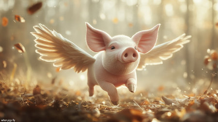 Cute pig with wings soaring through the air in a whimsical 3D rendering, capturing the "when pigs fly" concept.の素材