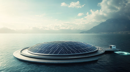 Concept of a floating photovoltaic solar energy plant, showcasing renewable innovation and eco-friendly technology.の素材