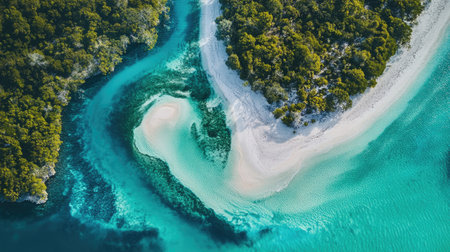 Coastal sandbar with turquoise river from above. High quality, clear view, ample copy spaceの素材