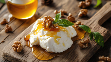 Burrata cheese with honey and nuts on a wooden board, emphasizing the sweet and savory combination of traditional Italian cuisine.の素材