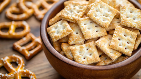 Close-up of saltine crackers and pretzels in a wooden bowl on a brown wooden table. High quality, white background, ample copy spaceの素材
