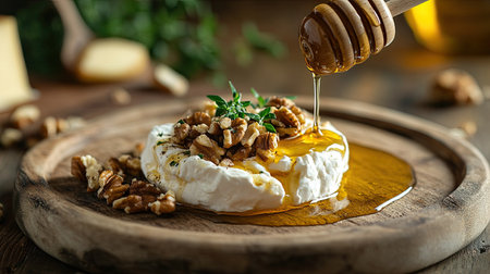 Drizzling honey over burrata cheese with nuts on a plate, set on a wooden board, highlighting traditional Italian sweetness.の素材