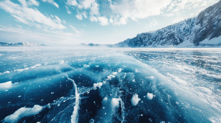 Baikal Lake ice surface with methane bubbles and cracks, creating moon-like patterns. Winter abstract, high quality, selective focusの素材