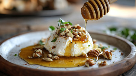 Drizzling honey over burrata cheese with nuts on a plate, set on a wooden board, highlighting traditional Italian sweetness.の素材