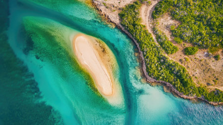 Coastal sandbar with turquoise river from above. High quality, clear view, ample copy spaceの素材