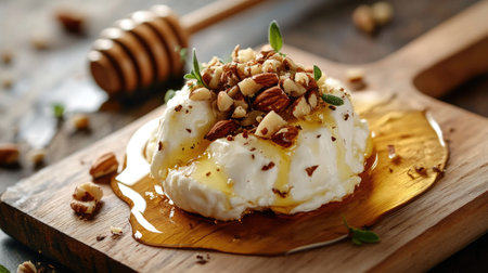 Delicious burrata cheese topped with honey and nuts on a wooden board, showcasing a sweet Italian culinary delight.の素材