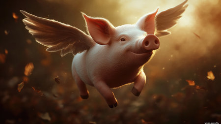 Fantasy of a pig with wings flying through the sky, rendered in 3D, illustrating the "when pigs fly" concept.の素材