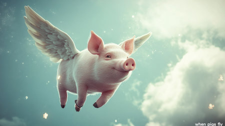 Fantasy of a pig with wings flying through the sky, rendered in 3D, illustrating the "when pigs fly" concept.の素材