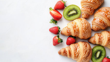 Fresh croissants and ripe strawberries with kiwi arranged on a white surface. High angle, white background, copy spaceの素材