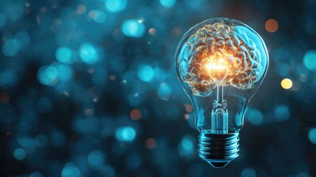 Entrepreneur with a virtual lightbulb and brain on blue bokeh, illustrating smart thinking and inspiration for innovation.の素材