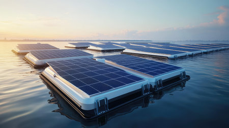 Floating PV solar energy power plant, representing cutting-edge innovation in renewable energy with a modern and clean design.の素材