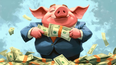 Fat pig loaded with money, showcasing greed and wealth in a cartoon illustration of a corporate manager.の素材