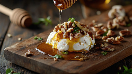 Honey being poured over burrata cheese with nuts, presented on a wooden board, capturing the essence of a sweet Italian dish.の素材