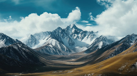 Tibetan Plateau wilderness with snow-covered mountains in summer. High angle, clean background, high qualityの素材