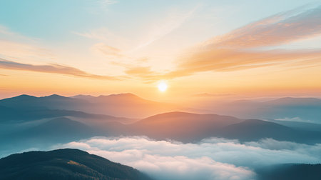 Sunrise over mountains with clouds and fog, aerial view. High resolution, clean background, ample copy spaceの素材