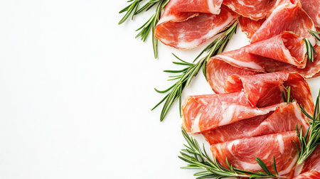 Serrano ham slices with rosemary arranged neatly on a white backdrop. High quality, high angle, no people, copy spaceの素材