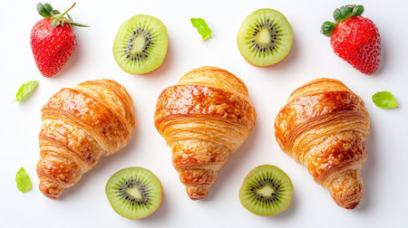 Top view of croissants with strawberries and kiwi on a clean white background. High quality, ample copy space, no peopleの素材