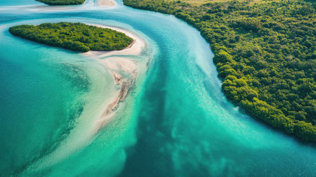 Stunning top view of turquoise river and coastal sandbar. High resolution, clean background, ample copy spaceの素材