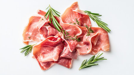 Isolated sliced Parma ham with rosemary on a white background. Top view, high quality, clean, ample copy spaceの素材