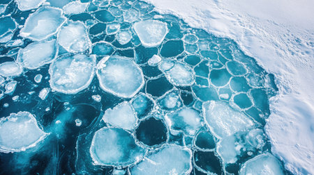 Top view of methane bubbles and ice cracks on Baikal Lake. Abstract winter texture, high quality, selective focusの素材