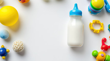 Top view of baby milk bottle with colorful toys on a white background. Clean, high quality, ample copy space, no peopleの素材