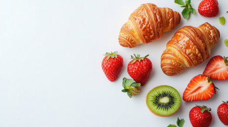 Top view of croissants with strawberries and kiwi on a clean white background. High quality, ample copy space, no peopleの素材