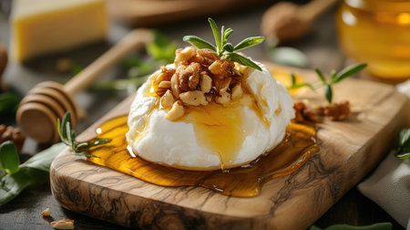 Traditional Italian burrata cheese with honey and nuts, served on a wooden board, emphasizing the sweet and savory flavors.の素材