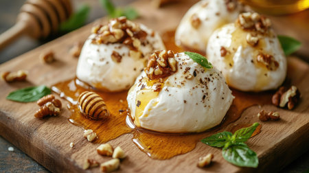 Traditional Italian burrata cheese with honey and nuts, served on a wooden board, emphasizing the sweet and savory flavors.の素材