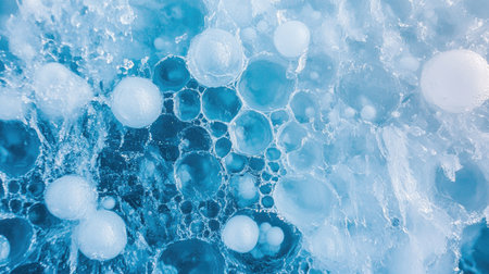 Top view of methane bubbles and ice cracks on Baikal Lake. Abstract winter texture, high quality, selective focusの素材